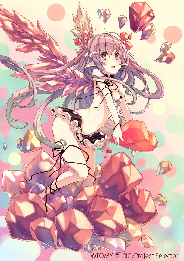blush breasts keypot long_hair looking_at_viewer official_art pink_hair pointy_ears small_breasts solo wings wixoss