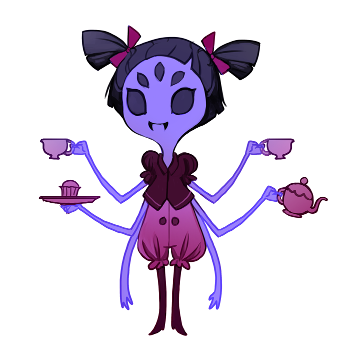 black_eyes black_hair blue_skin clothing cupcake dress fangs female food hair hair_bow muffet multi_limb multiple_eyes plate smile solo spider_anthro standing tea_cup tea_pot tinypaint undertale