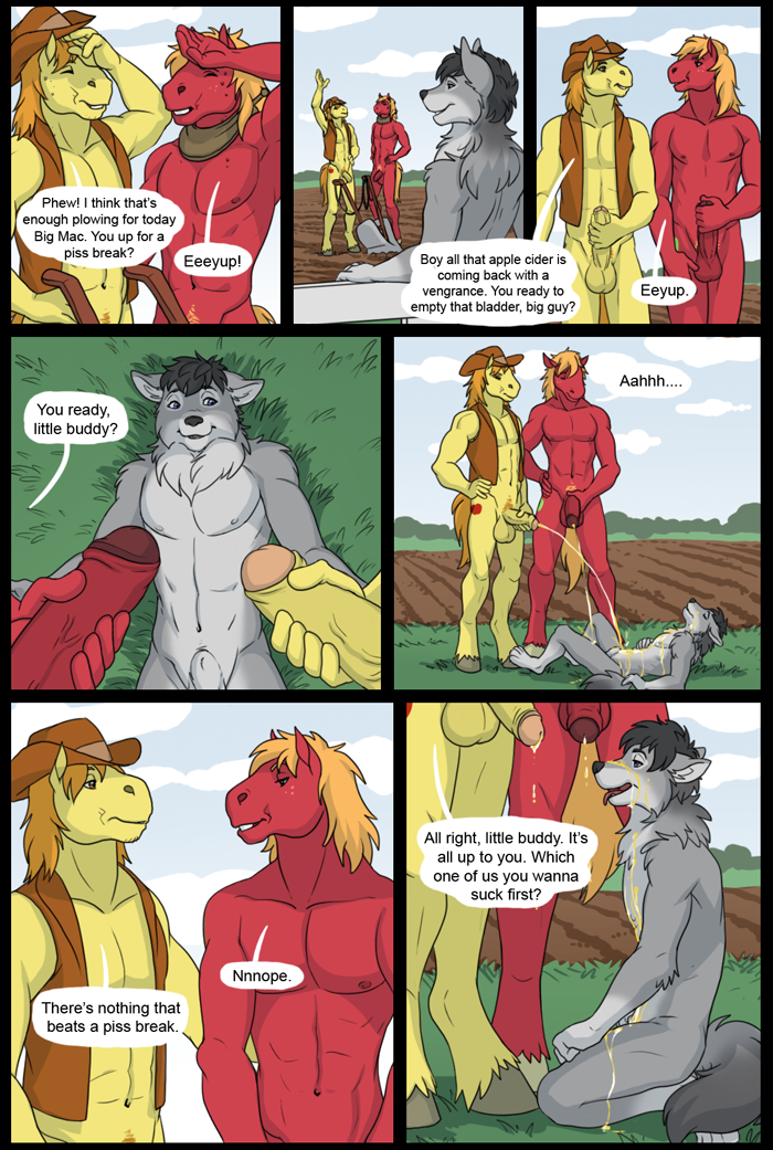 anthro balls big_macintosh_(mlp) braeburn_(mlp) canine comic equine friendship_is_magic group group_sex holly_marie_ogburn horse humanoid_penis male male/male mammal my_little_pony outside peeing penis sex threesome urine watersports wolf