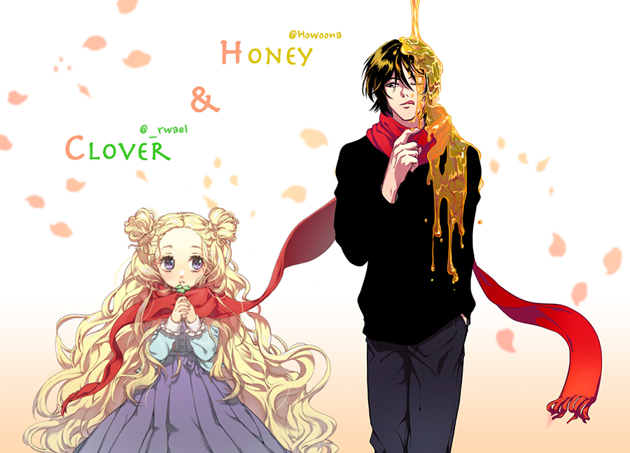 1girl black_hair blonde_hair clover clover_(flower) collaboration copyright_name double_bun dress flower hanamoto_hagumi hand_in_pocket honey honey_and_clover howoona licking_lips long_hair long_sleeves looking_at_another looking_to_the_side morita_shinobu pants purple_eyes rwael scarf shared_scarf short_hair tongue tongue_out wavy_hair