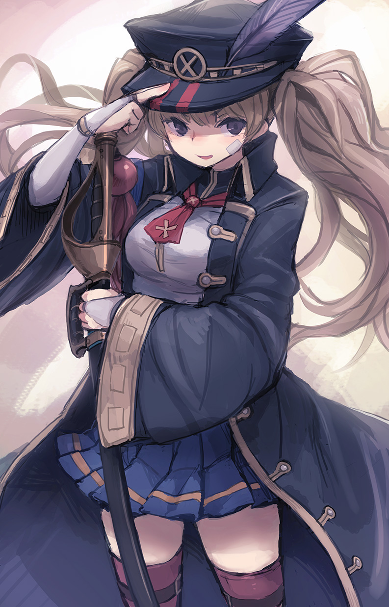 :d ascot bandage_on_face bangs bee_(deadflow) blonde_hair blue_skirt bridal_gauntlets coat feathers granblue_fantasy hand_on_headwear hat hat_feather highres holding holding_sword holding_weapon long_hair long_sleeves miniskirt monica_weisswind open_clothes open_coat open_mouth pleated_skirt purple_eyes purple_legwear sheath sheathed skirt smile solo sword thighhighs twintails v-shaped_eyebrows weapon wide_sleeves zettai_ryouiki
