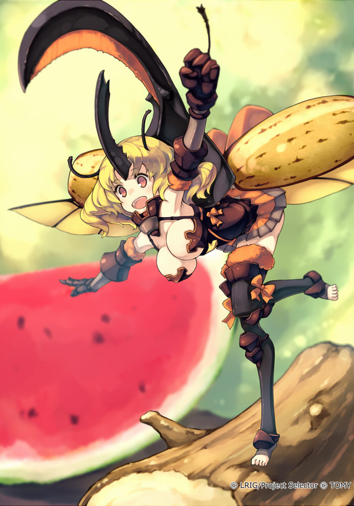 blonde_hair breasts error food fruit insect_wings keypot large_breasts minigirl official_art open_mouth red_eyes solo watermelon wings wixoss wrong_feet