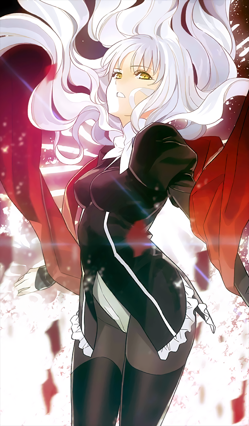 black_legwear caren_hortensia cowboy_shot craft_essence crotch_seam fate/grand_order fate/hollow_ataraxia fate/stay_night fate_(series) frills highres impossible_clothes layered_sleeves long_hair looking_at_viewer morii_shizuki official_art panties panties_under_pantyhose pantyhose resized scarf shroud_of_magdalene solo thighhighs type-moon underwear upscaled waifu2x white_hair yellow_eyes