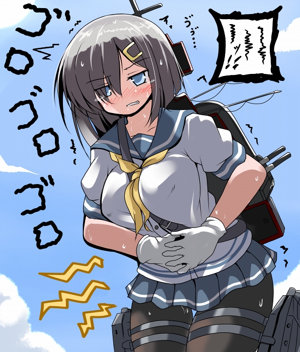 1girl aqua_eyes between_breasts black_legwear blue_sailor_collar blue_skirt blue_sky blunt_ends blush breasts clenched_teeth cloud cloudy_sky collarbone commentary_request covered_nipples cowboy_shot day furrowed_eyebrows gloves grey_hair hair_ornament hair_over_one_eye hairclip half-closed_eyes hamakaze_(kantai_collection) hands_on_own_stomach kantai_collection large_breasts leaning_forward microskirt neckerchief nose_blush outdoors pain pantyhose pleated_skirt rigging sailor_collar school_uniform serafuku shirt short_hair short_sleeves single_horizontal_stripe skirt sky sleeve_cuffs solo speech_bubble squiggle standing stomach_growling stomachache strap_cleavage sweat sweating_profusely teeth thigh_gap translation_request trembling tsuzuri_(tuzuri) white_gloves white_shirt yellow_neckwear