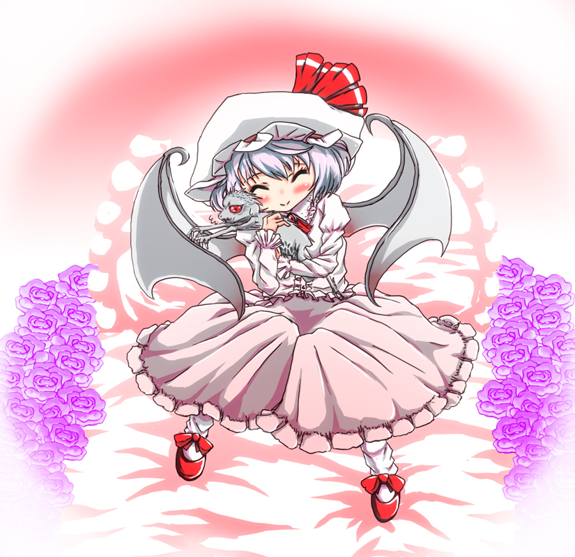 ^_^ animal animal_hug bat_wings blue_hair blush chupacabra closed_eyes flower gradient gradient_background hat hat_ribbon hato_(grazie_a_domani_7) juliet_sleeves knees_together_feet_apart long_sleeves on_bed pillow pink_background puffy_sleeves purple_flower purple_rose remilia_scarlet ribbon rose shoe_ribbon short_hair silver_hair sitting sitting_on_bed skirt skirt_set smile solo touhou tupai_(touhou) wings
