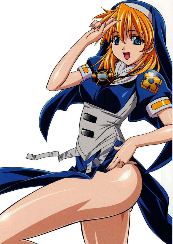 :d ass bangs blue_dress blue_eyes breasts chrono_crusade corset cowboy_shot cross dress eyebrows_visible_through_hair fingernails from_side garter_straps habit hair_between_eyes hair_over_shoulder hand_on_hip hand_up happy jewelry kuroda_kazuya legs_apart long_fingernails medium_breasts nail_polish necklace no_panties nun official_art open_mouth orange_hair pelvic_curtain pendant pink_nails puffy_short_sleeves puffy_sleeves rosette_christopher shiny shiny_skin short_sleeves side_slit simple_background smile solo thighs v white_background