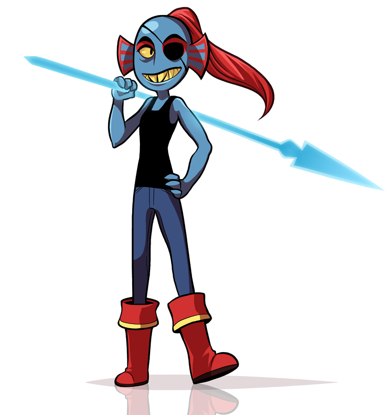 blue_skin boots clothing cubewatermelon eye_patch eyewear female fish footwear hair hand_on_hip marine melee_weapon monster pink_hair polearm sharp_teeth shirt simple_background solo spear tank_top teeth undertale undyne weapon white_background yellow_eyes