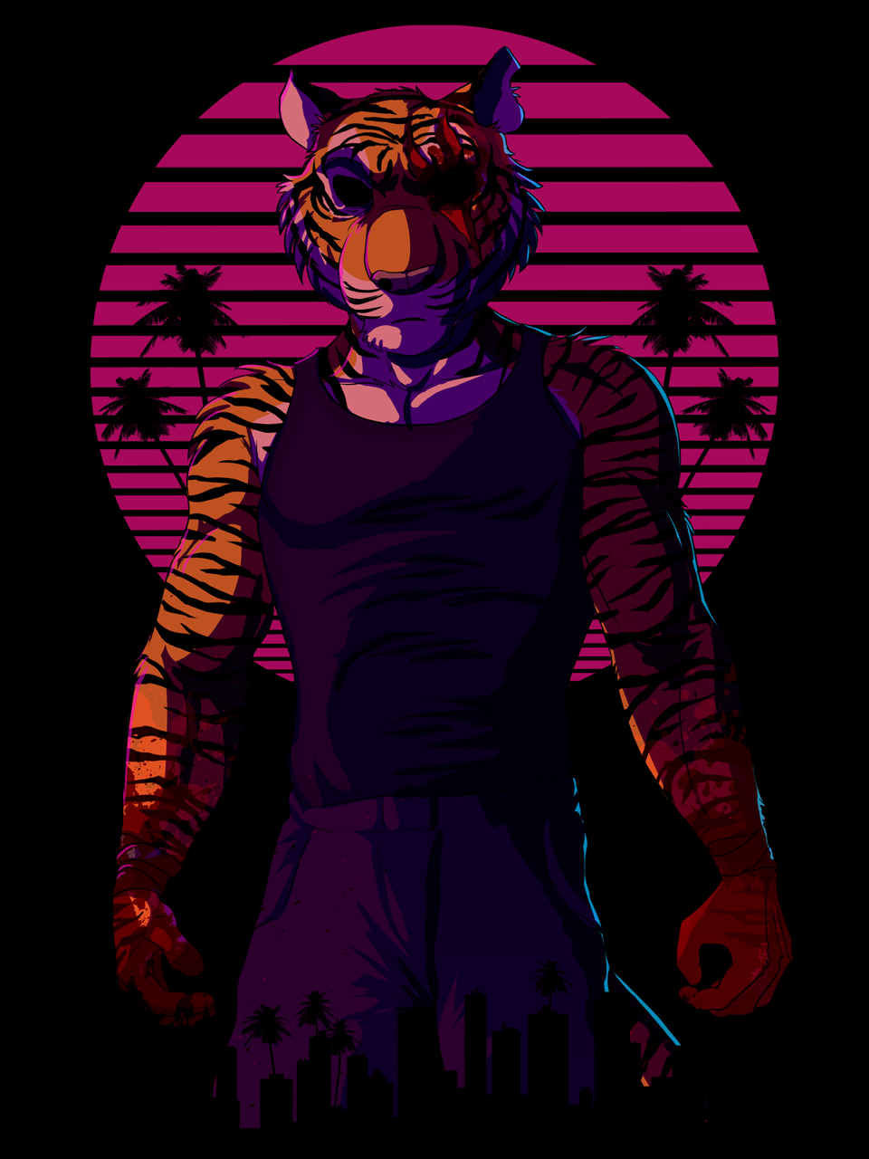 5_fingers anthro black_fur black_stripes blinds blood city cityscape clothed clothing dark dream_and_nightmare feline frotn_view fur hotline_miami male mammal multicolored_fur muscular no_pupils orange_fur palm_tree scar shirt solo stripes sunset tank_top tiger tony_(hotline_miami) tree white_fur
