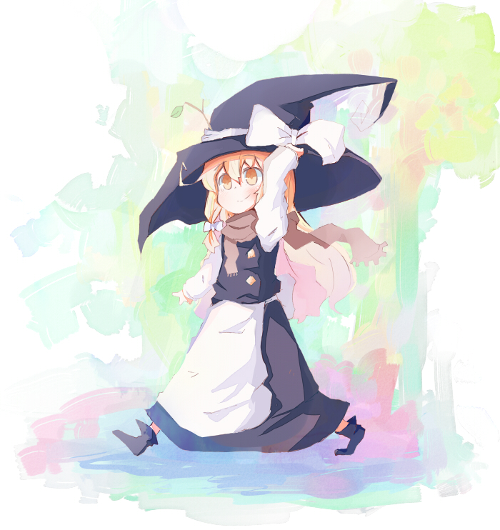 bad_id bad_pixiv_id blonde_hair boots branch buttons dress hair_ribbon hand_on_headwear hat kirisame_marisa leaf ribbon rowtan scarf smile solo touhou walking witch_hat yellow_eyes