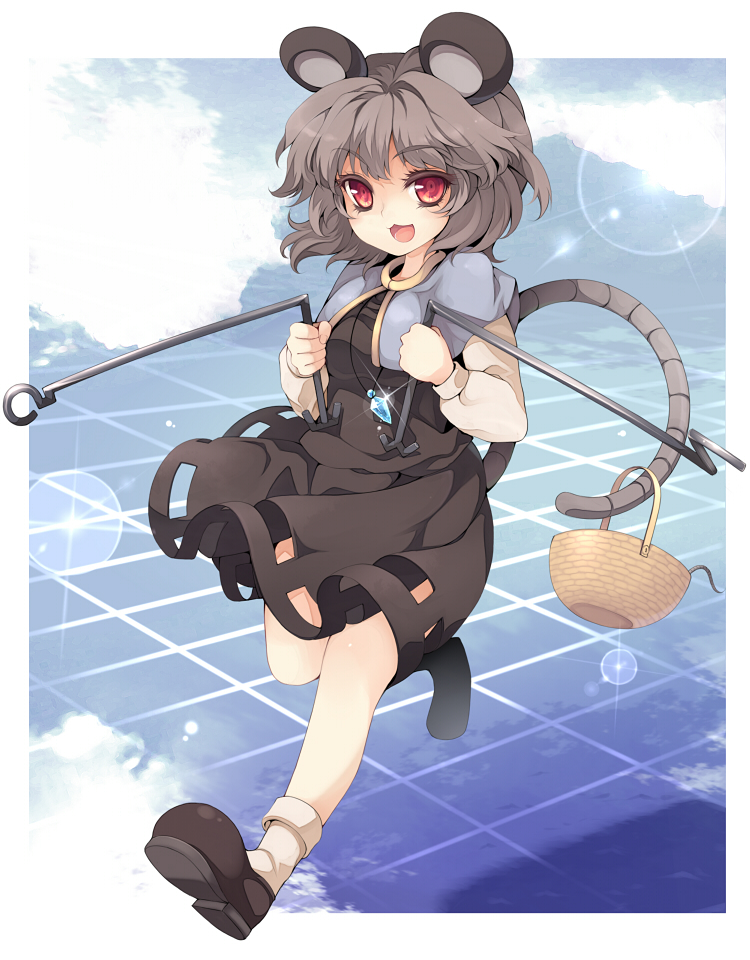 :3 animal_ears dowsing_rod grey_hair jewelry mouse mouse_ears mouse_tail nazrin open_mouth pendant red_eyes short_hair solo tail touhou uruu_gekka