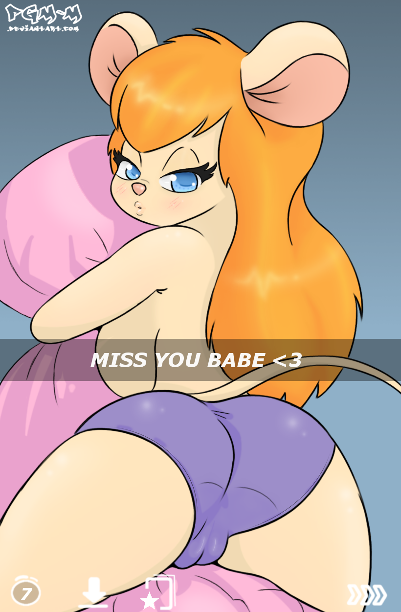 2015 anthro bedroom_eyes blue_eyes blush breasts butt camel_toe chip_'n_dale_rescue_rangers clothed clothing digital_media_(artwork) disney duckface english_text female from_behind fur gadget_hackwrench hair half-closed_eyes half-dressed long_hair looking_at_viewer looking_back mammal mouse panties pgm-m pillow pillow__hug rear_view rodent seductive side_boob simple_background snapchat solo straddling text topless underwear
