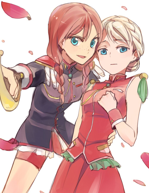 2girls anna_(frozen) bike_shorts blonde_hair blue_eyes brown_hair crossover elsa_(frozen) freckles frozen_(disney) himemiya_anthy himemiya_anthy_(cosplay) multiple_girls petals shoujo_kakumei_utena sisters sou_(pixiv2760884) sword tenjou_utena_(cosplay) tuhut twintails weapon