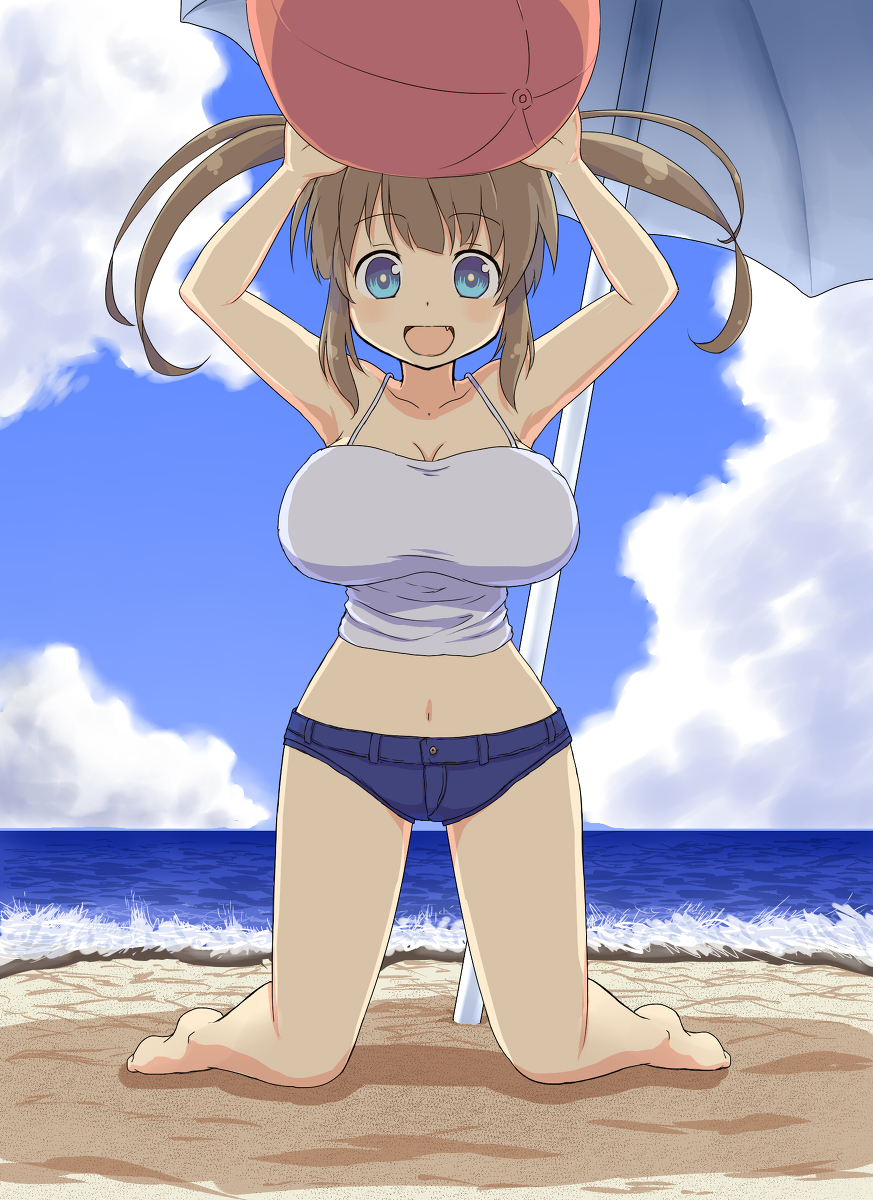 1girl barefoot beach blue_eyes blush breasts brown_hair cleavage fang female full_body kneeling ktkn large_breasts long_hair looking_at_viewer midriff minori_(senran_kagura) navel open_mouth senran_kagura smile solo