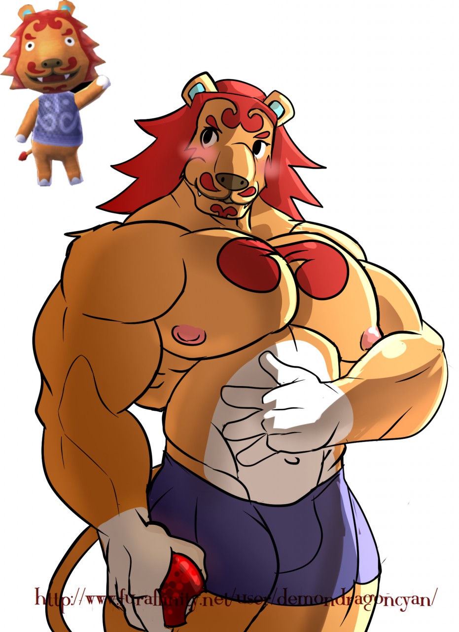 animal_crossing bike_shorts bulge clothed clothing demondragoncyan facial_hair half-dressed huge_muscles male muscular mustache nintendo rory_(animal_crossing) shorts solo topless video_games