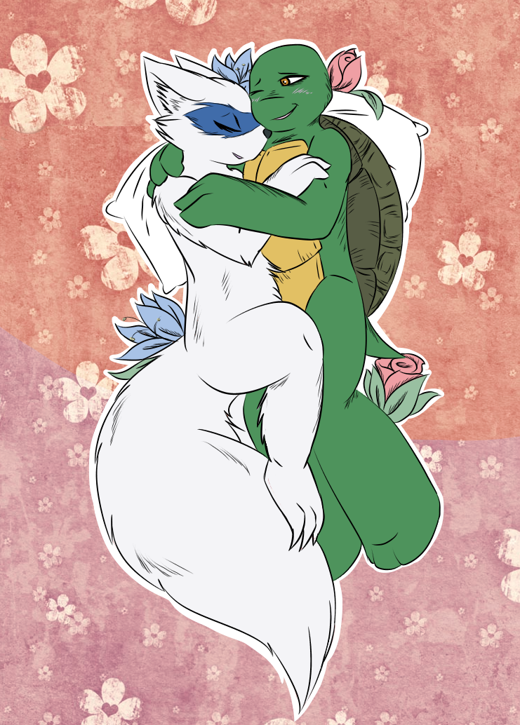 alopex anthro canine cuddling duo eyes_closed female flower fox fur green_skin hands_behind_back hug male mammal navel ninja nude one_eye_closed open_mouth panting plant raphael_(tmnt) reptile romantic scalie simple_background smile teenage_mutant_ninja_turtles turtle white_fur yellow_eyes