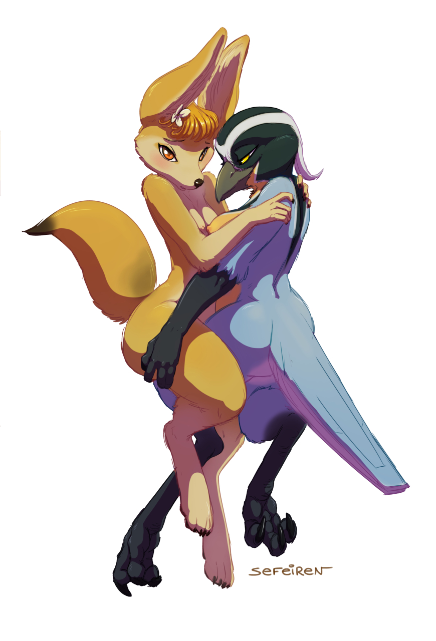 2015 anthro avian beak big_ears bird blue_feathers blush breasts brown_nose canine claws cleo conditional_dnp couple duo egyptian_plover embarrassed embrace feathers female female/female fennec flower flower_in_hair fox hand_on_shoulder hand_on_thigh hindpaw interspecies mammal nipples nude orange_eyes paws plant raised_tail sefeiren shy side_boob wide_hips yellow_eyes