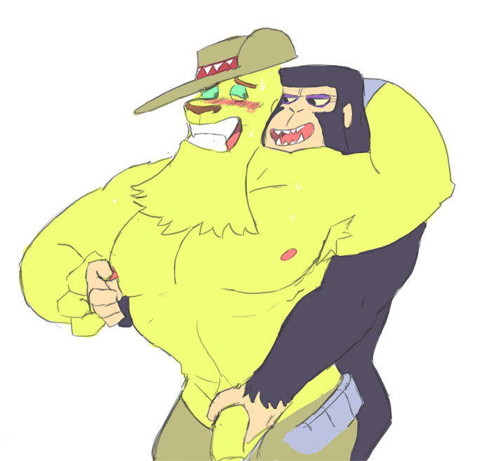 ape armpits beard blush dexter's_laboratory dial_m_for_monkey facial_hair green_eyes hat huntor lupinrager male male/male mammal muscular nipples penis penis_grab primate simion tagme