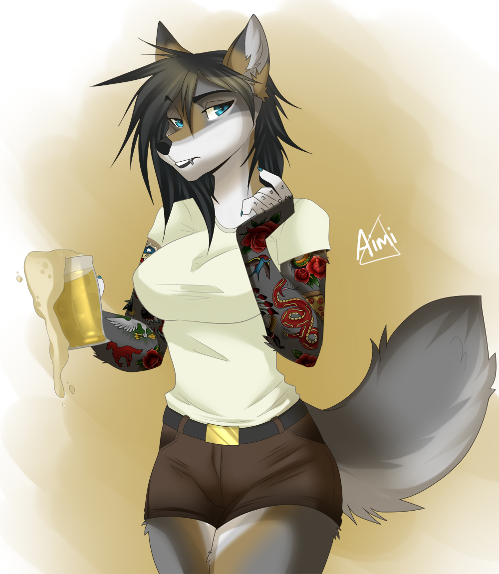 2015 aimi alcohol anthro beer belt beverage blue_eyes canine clothing cup facial_piercing female food lip_piercing mammal piercing shirt shorts solo tattoo wolf