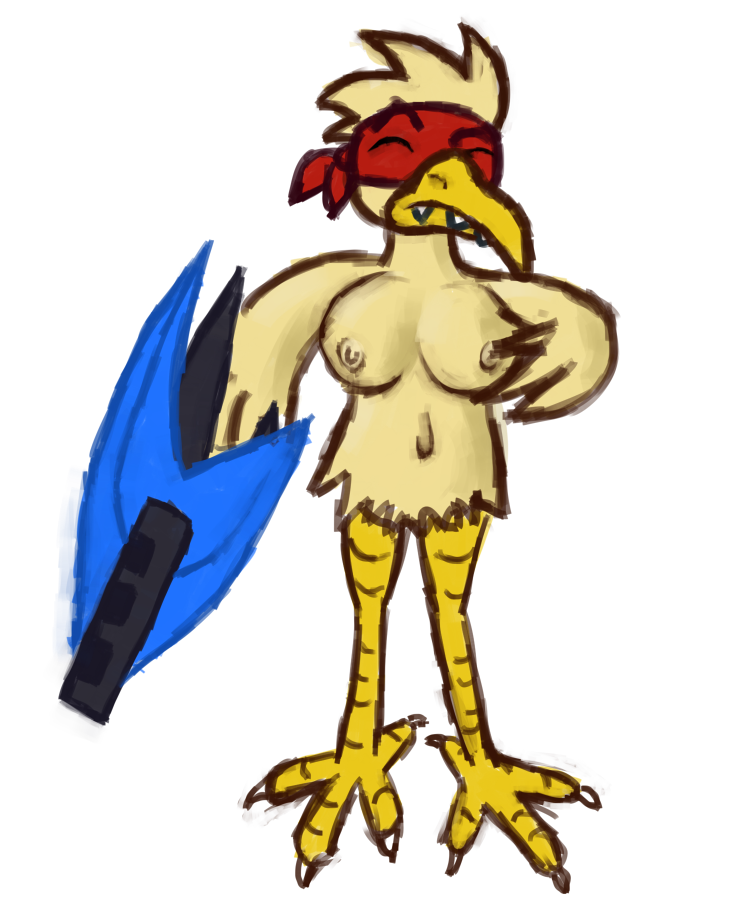 2015 anthro anthrofied avian beak big_breasts bird breasts chicken chicken_(nuclear_throne) feathers female gun hair huge_breasts hyper_rifle mask navel nipples nuclear_throne nude ranged_weapon rifle simple_background solo talons teeth video_games vodkaroo weapon white_background wings