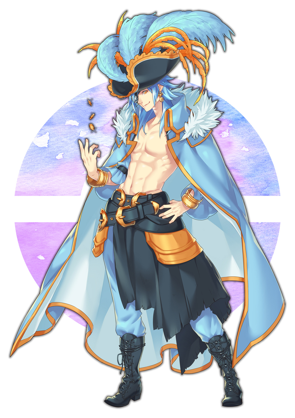 1boy abs aoiro_69 belt black_footwear black_hat blue_cape blue_hair blue_pants boots bracelet brown_eyes cape creatures_(company) cross-laced_footwear earrings eyepatch game_freak gen_3_pokemon hand_on_hip hat hat_feather highres jewelry looking_at_viewer male_focus muscle navel nintendo pants personification pokemon simple_background smile solo swampert white_background