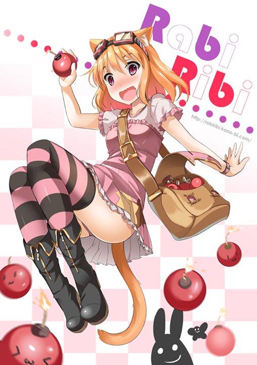 :o animal_ears bag black_legwear blush bomb boots brown_hair cat_ears cat_tail checkered checkered_background cocoa_(rabi_ribi) copyright_name d: dress fatkewell full_body goggles goggles_on_head handbag holding_bomb open_mouth panties pantyshot pink_legwear pink_panties rabi-ribi short_sleeves shoulder_bag simple_background smiley_face solo sparkle striped striped_legwear tail thighhighs underwear watermark wavy_mouth web_address