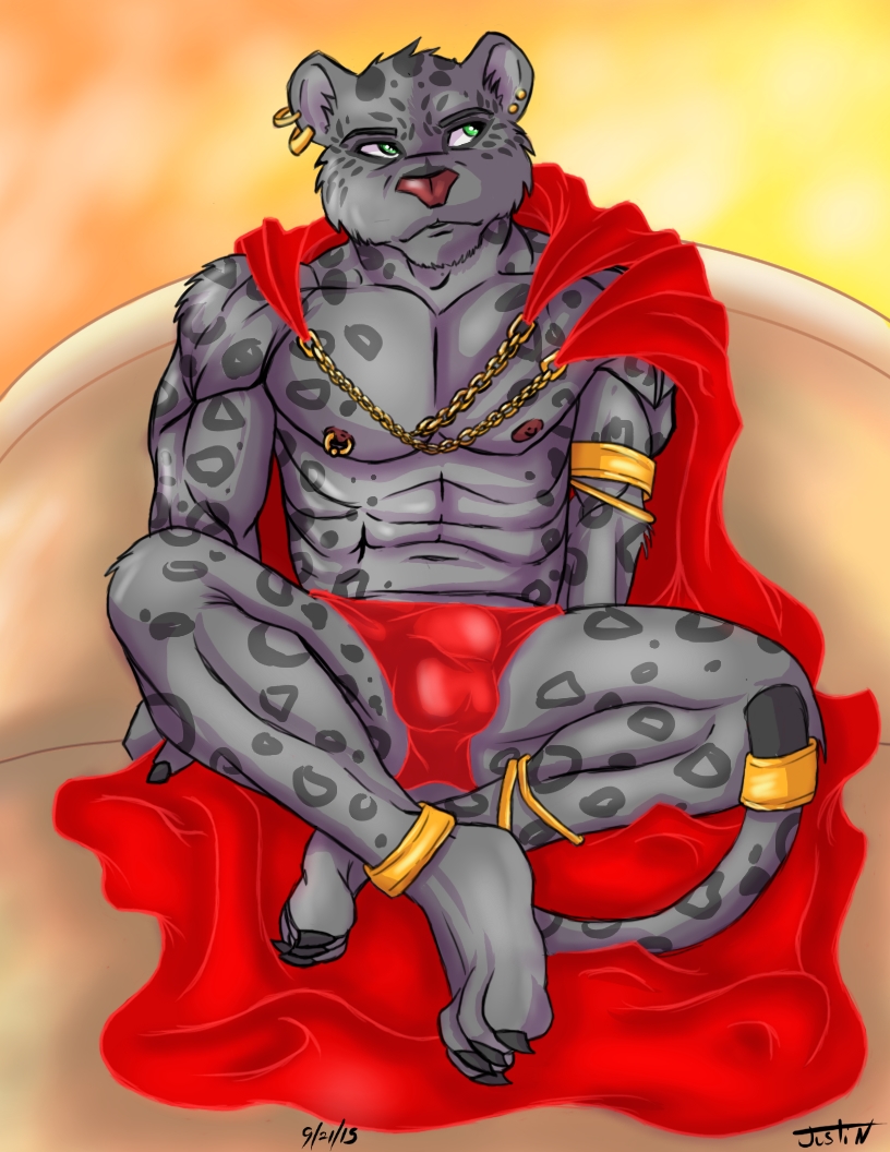 artistic artwork balls cape chain clothing clownboy1 cum digital_media_(artwork) erection feline flaccid free general invalid_color invalid_tag king leopard male mammal mature muscular nipples nude penis piercing precum relaxing robe royalty sitting spots throne underwaer zeis