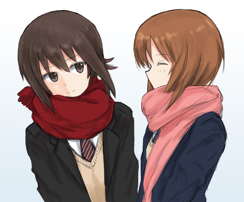2girls alternate_costume bangs black_jacket blazer blue_jacket brown_eyes brown_hair brown_sweater closed_mouth commentary diagonal-striped_neckwear facing_another from_side girls_und_panzer grey_background jacket leaning_to_the_side long_sleeves looking_at_another multiple_girls mutsu_(layergreen) necktie nishizumi_maho nishizumi_miho pink_scarf red_neckwear red_scarf scarf school_uniform shirt short_hair siblings sisters smile standing sweater upper_body v-neck white_shirt winter_clothes