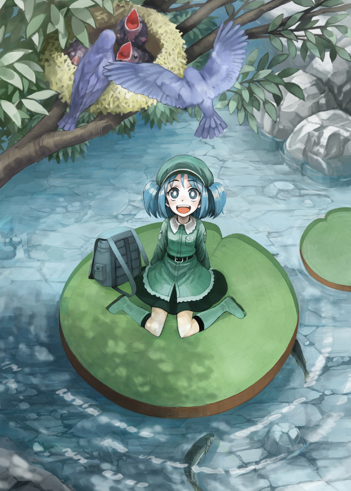 :d backpack bag bird blue_hair boots fish from_above green_footwear hat kawashiro_nitori knee_boots lily_pad looking_up mitsuki_(goomoku) nest open_mouth river rubber_boots short_hair sitting smile solo stickam touhou twintails two_side_up wariza