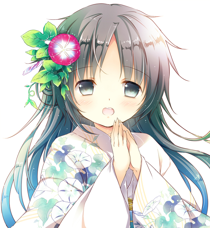 :d black_eyes black_hair floral_print flower hair_flower hair_ornament hands_clasped hands_together japanese_clothes kimono looking_at_viewer natsuki_coco open_mouth original own_hands_together smile solo yukata