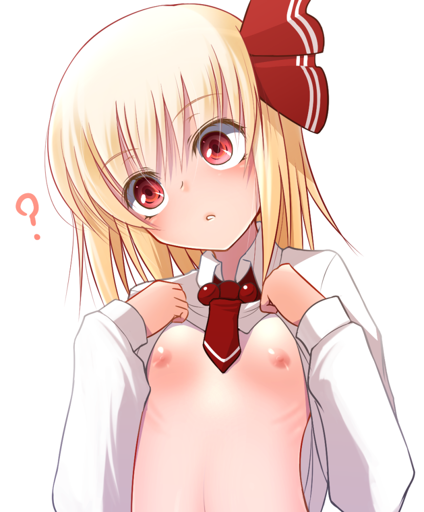 ? blonde_hair breasts doburoku_(daiginjou) hair_ornament hair_ribbon head_tilt long_sleeves necktie nipples parted_lips red_eyes ribbon rumia shirt_lift short_hair simple_background small_breasts solo touhou upper_body white_background