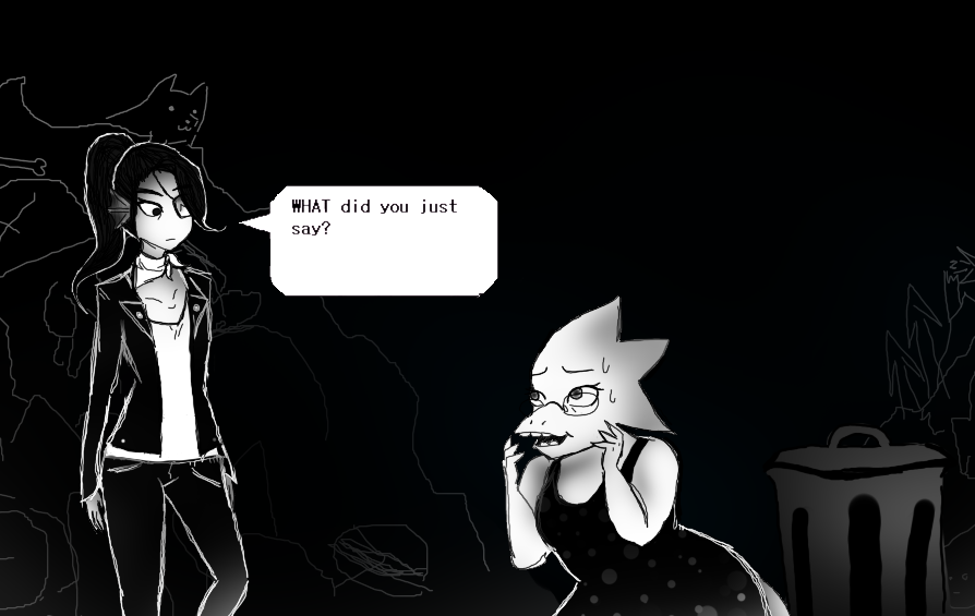 alphys black_and_white black_hair canine cassinoah clothing dialogue dog dress duo_focus english_text eyelatch eyewear female fish glasses group hair jacket mammal marine monochrome monster scalie speech_bubble sweat text trash_can undertale undyne