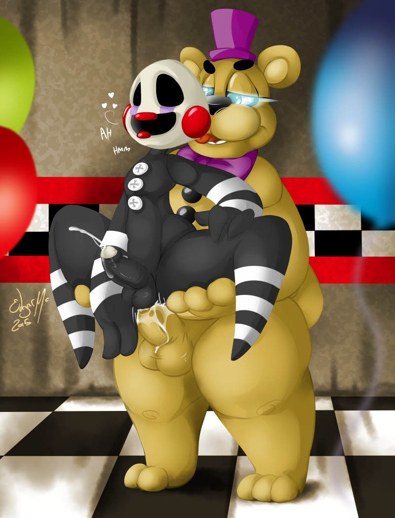 &lt;3 anal anal_penetration animatronic anthro balls barefoot bear bow button cum cum_in_ass cum_inside cum_on_anus cum_on_leg cum_on_penis english_text erection five_nights_at_freddy's five_nights_at_freddy's_2 fredbear_(fnaf) fronnie fur glowing glowing_eyes half-closed_eyes hat inside licking looking_down machine male male/male mammal marionette_(fnaf) nude open_mouth penetration penis puppet robot size_difference spread_legs spreading standing text thick_thighs tongue tongue_out uncut video_games