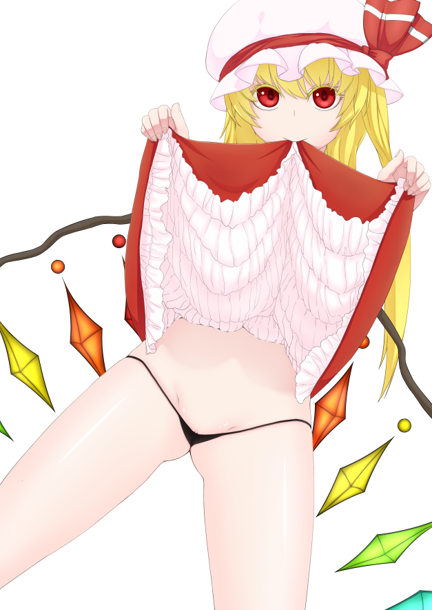 asymmetrical_hair bad_id bad_pixiv_id blonde_hair clitoris_slip colored_eyelashes crystal dutch_angle flandre_scarlet hat hat_ribbon kashiwagi_(pixiv15394393) looking_at_viewer micro_panties midriff mouth_hold panties pussy_peek red_eyes ribbon side_ponytail simple_background skirt skirt_lift solo thong touhou underwear white_background wings