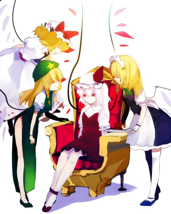 albino apron bad_id bad_pixiv_id blonde_hair blue_dress braid cake chair cosplay daimaou_ruaeru dress flandre_scarlet food four_of_a_kind_(touhou) green_dress hat hong_meiling hong_meiling_(cosplay) izayoi_sakuya izayoi_sakuya_(cosplay) maid maid_headdress mob_cap multiple_girls open_mouth red_dress red_eyes remilia_scarlet remilia_scarlet_(cosplay) side_ponytail side_slit sitting smile star thighhighs touhou tray twin_braids waist_apron white_dress white_hair white_skin wings