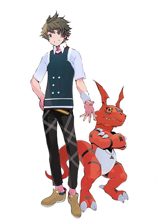 1boy bandai brown_hair claws digimon digimon_linkz guilmon looking_at_viewer official_art short_hair simple_background smile solo tail white_background yellow_eyes