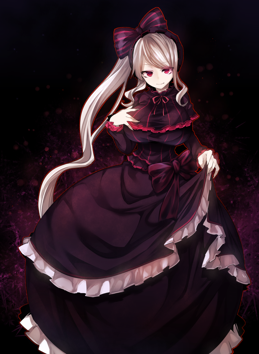 blonde_hair bonnet breasts dress fang frilled_dress frills gothic_lolita hair_ribbon highres large_breasts lolita_fashion long_hair overlord_(maruyama) red_eyes ribbon shalltear_bloodfallen side_ponytail sidelocks skirt_hold solo tousen vampire very_long_hair