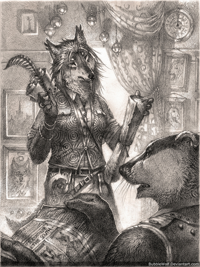 anthro badger bubblewolf canine clock clothed clothing curtains detailed duo english_text feathers female fur greyscale hair inside male mammal monochrome mustelid news_paper pencil_(artwork) picture_frames reading scroll text traditional_media_(artwork) whiskers window wolf