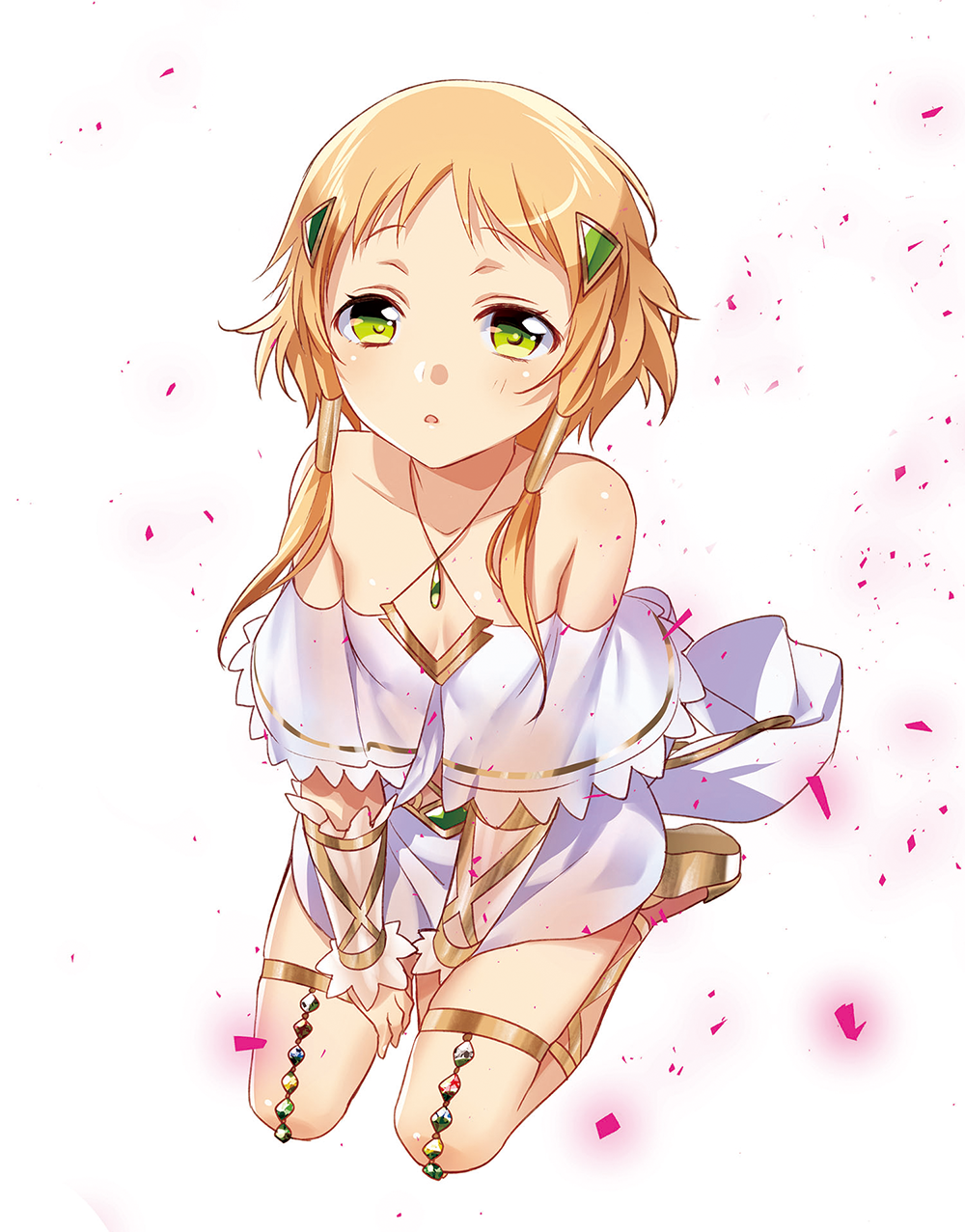 :o ankle_lace-up bare_shoulders capelet cross-laced_footwear detached_sleeves from_above gem gold green_eyes hair_ornament hair_tubes highres long_hair looking_at_viewer miniskirt murakami_yuichi official_art open_mouth orange_hair seiza sidelocks sitting skirt solo thigh_strap unsimulated_incubator wakatsuki_saran