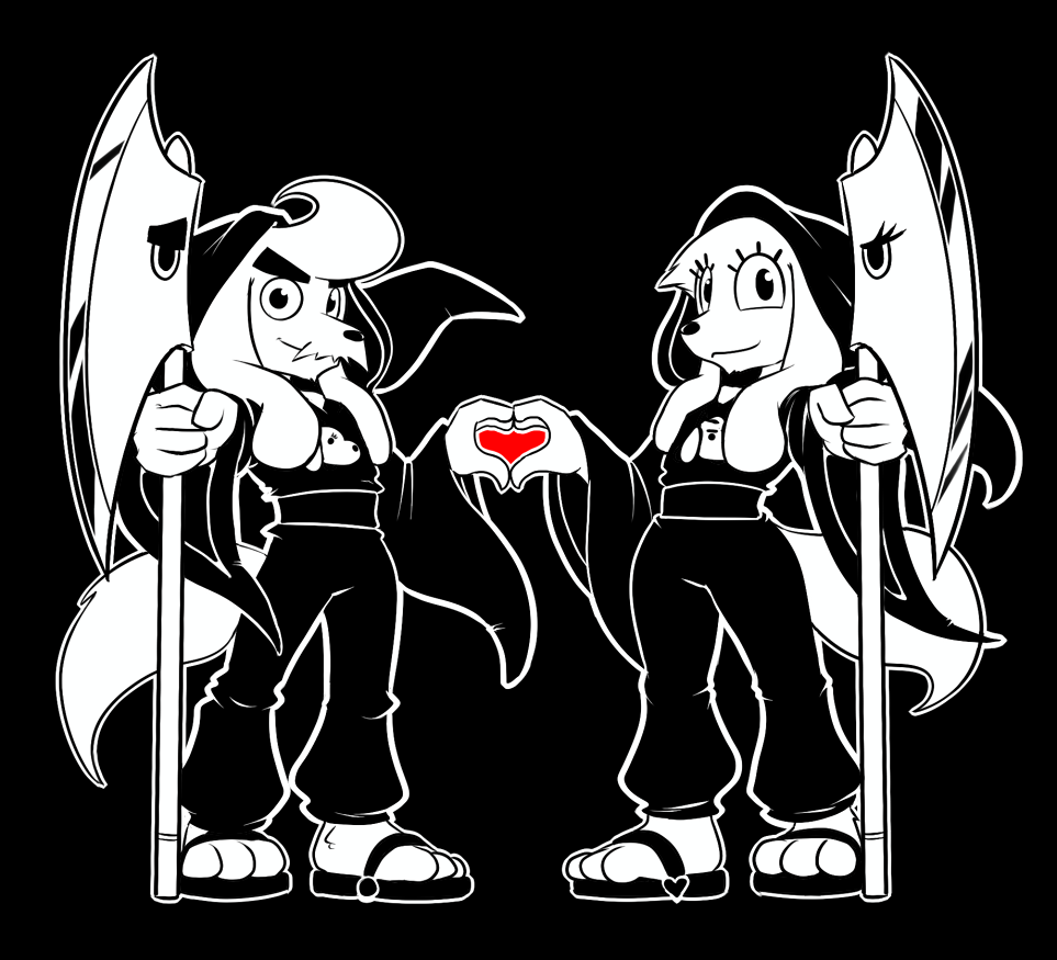 &lt;3 anthro axe black_and_white_and_red canine cloak clothing couple dog dogamy dogaressa eyebrows eyelashes facial_hair female footwear male mammal melee_weapon mustache sandals smile teckworks undertale weapon