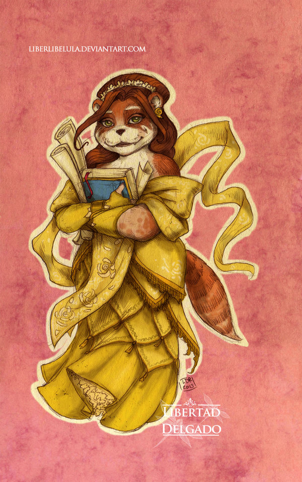 anthro bear beauty_and_the_beast belle book clothed clothing disney dress ear_piercing english_text female fur hair jewelry liberlibelula_(artist) looking_at_viewer mammal panda pandaren piercing red_panda simple_background smile solo text video_games warcraft world_of_warcraft