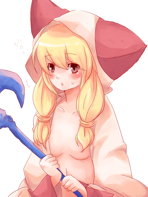 1girl blonde_hair blush breasts censored convenient_censoring female final_fantasy final_fantasy_tactics flat_chest grey_eyes long_hair robe simple_background small_breasts solo staff white_background white_mage white_mage_(fft) yamadarairai