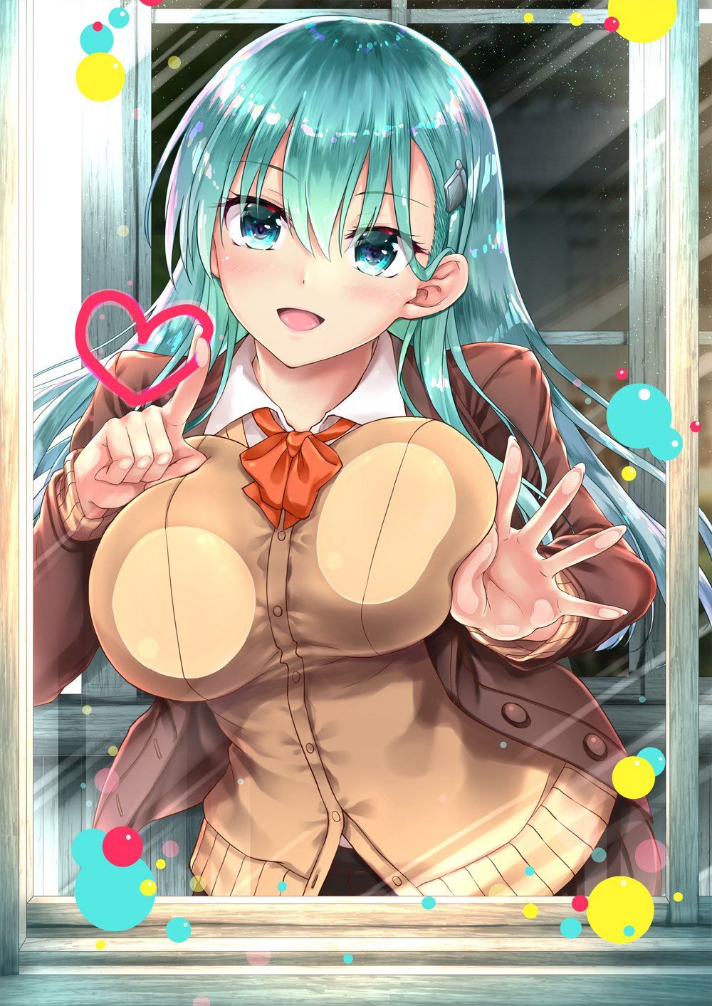 1girl against_glass akizuki_akina aqua_eyes aqua_hair blush bow bowtie breasts brown_cardigan brown_jacket cardigan collared_shirt hair_ornament hairclip heart highres indoors jacket kantai_collection large_breasts long_hair looking_at_viewer open_cardigan open_clothes open_mouth remodel_(kantai_collection) school_uniform shirt skirt smile solo suzuya_(kantai_collection) vest white_shirt