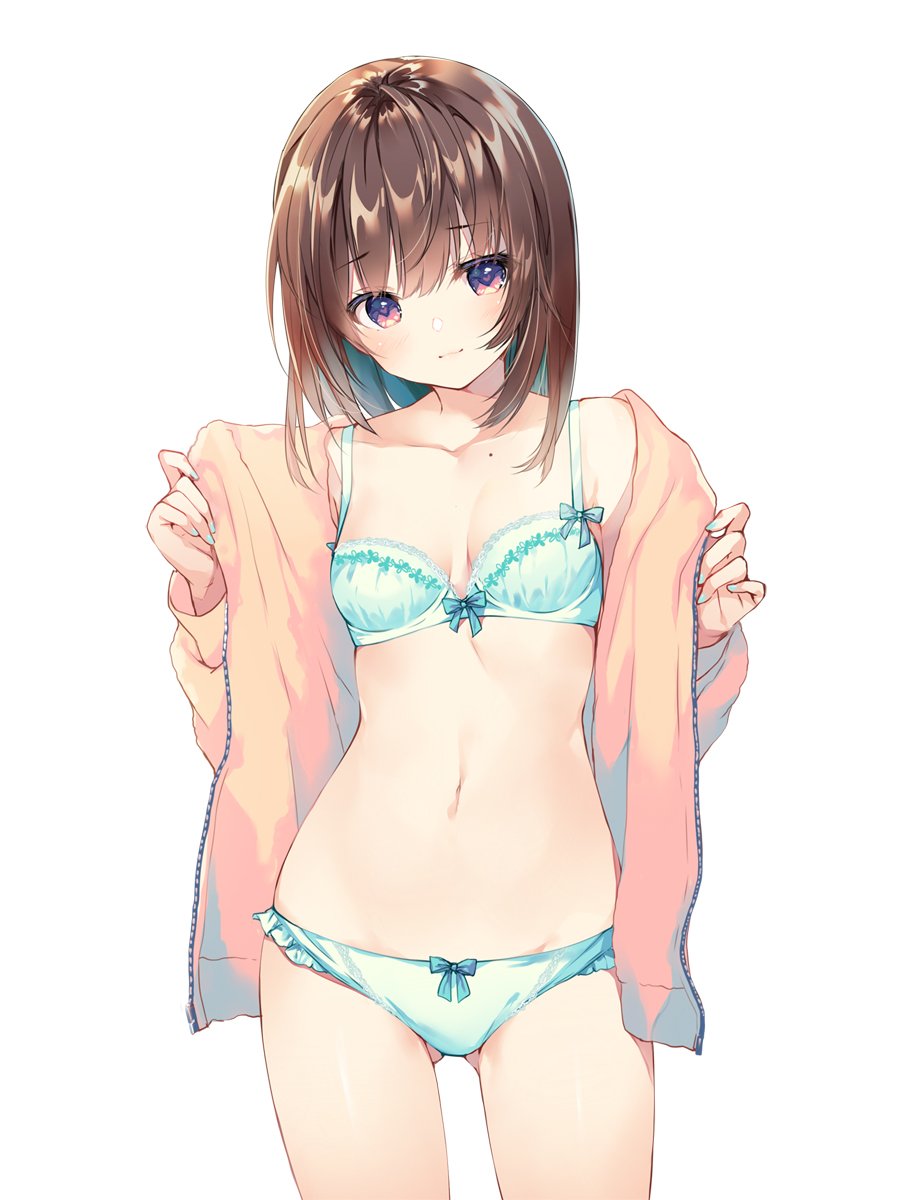 1girl aqua_bra aqua_nails aqua_panties bare_shoulders bow bow_panties bra breasts breasts_apart brown_hair closed_mouth collarbone commentary_request cowboy_shot gluteal_fold head_tilt highres jacket legs_apart light_smile long_sleeves looking_at_viewer medium_hair miwabe_sakura mole nail_polish navel open_clothes open_jacket orange_jacket original panties pink_eyes simple_background small_breasts solo standing stomach thighs underwear white_background zipper