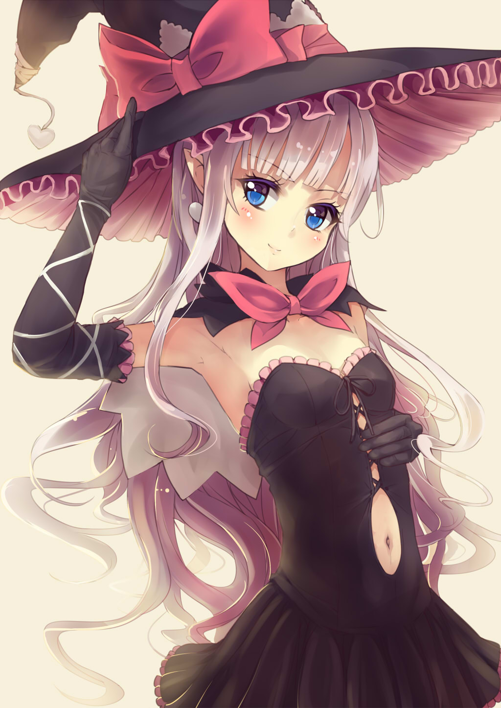 armpits backlighting black_dress black_hair blue_eyes bow capelet culter dress elbow_gloves gloves hand_on_headwear hat hat_bow highres long_hair looking_at_viewer melty_(shining_hearts) navel navel_piercing piercing pointy_ears shining_(series) shining_hearts silver_hair smile solo strapless strapless_dress very_long_hair witch_hat