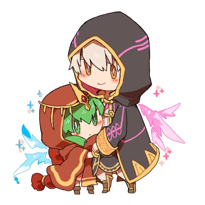 1boy 1girl bracelet chibi chiki closed_mouth fire_emblem fire_emblem:_kakusei fire_emblem:_monshou_no_nazo fire_emblem_heroes green_eyes green_hair hood hood_up jewelry long_sleeves male_my_unit_(fire_emblem:_kakusei) mamkute my_unit_(fire_emblem:_kakusei) nintendo robe shunrai simple_background smile standing tiara white_background white_hair