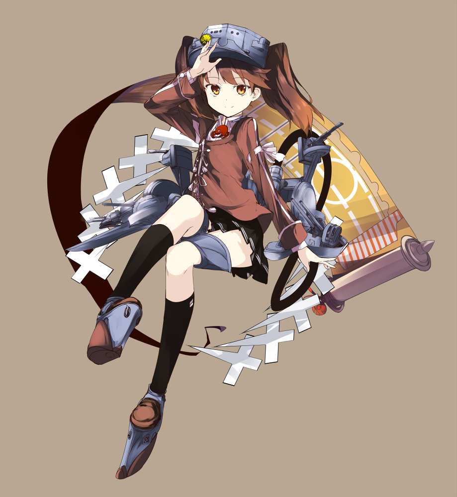 brown_eyes brown_hair hat japanese_clothes kantai_collection long_hair loxodon machinery magatama onmyouji ryuujou_(kantai_collection) scroll shikigami skirt smile solo twintails visor_cap