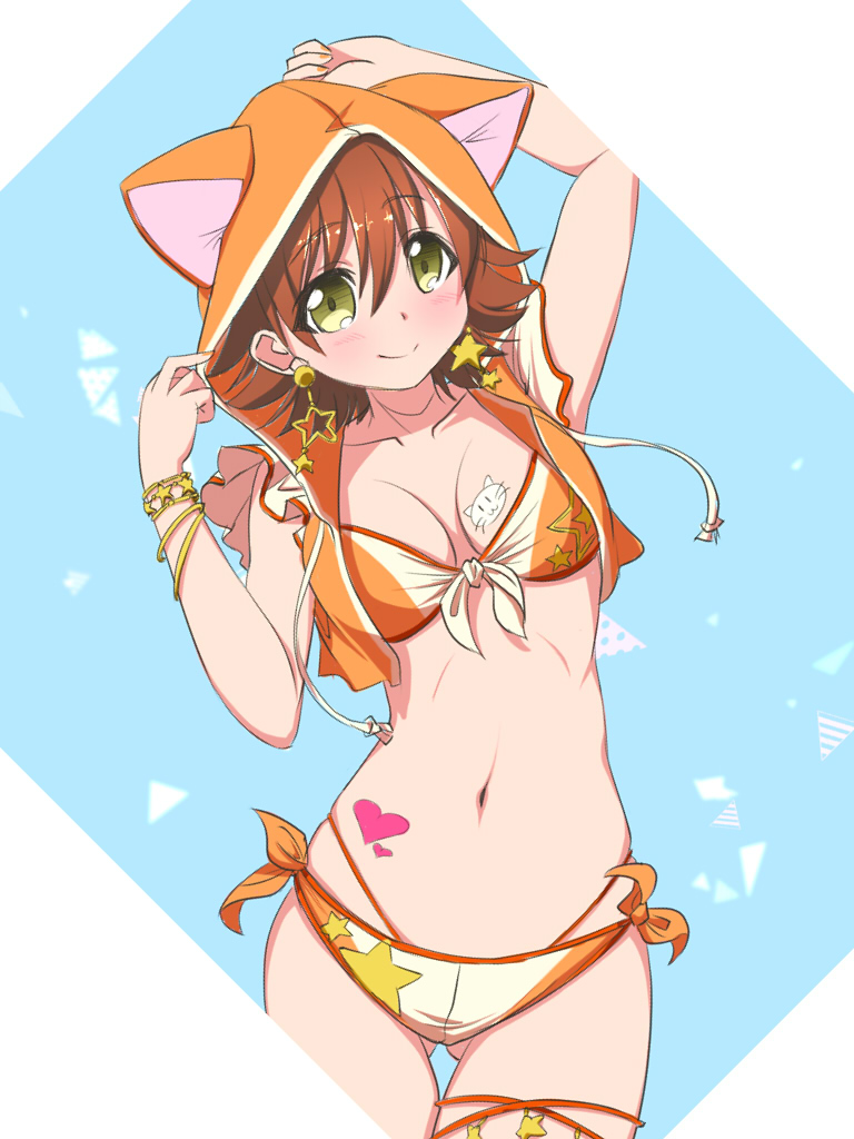 adapted_costume animal_hood bikini blush breasts brown_hair cat_hood earrings green_eyes heart heart_tattoo honda_mio hood idolmaster idolmaster_cinderella_girls jewelry matatabi_(2ccp) medium_breasts short_hair smile solo star star_earrings sunset_nostalgie swimsuit tattoo