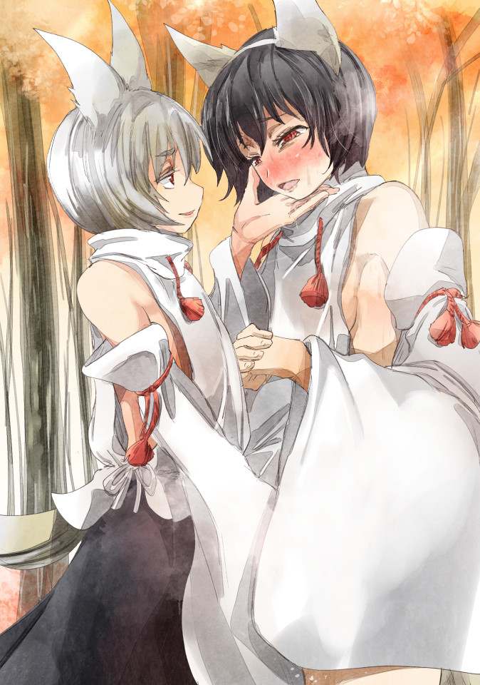 animal_ears bare_legs black_hair blush commentary_request cosplay detached_sleeves hairband inubashiri_momiji inubashiri_momiji_(cosplay) multiple_girls no_hat no_headwear open_mouth red_eyes shameimaru_aya short_hair silver_hair smile tail touhou tree wide_sleeves wolf_ears wolf_tail yohane