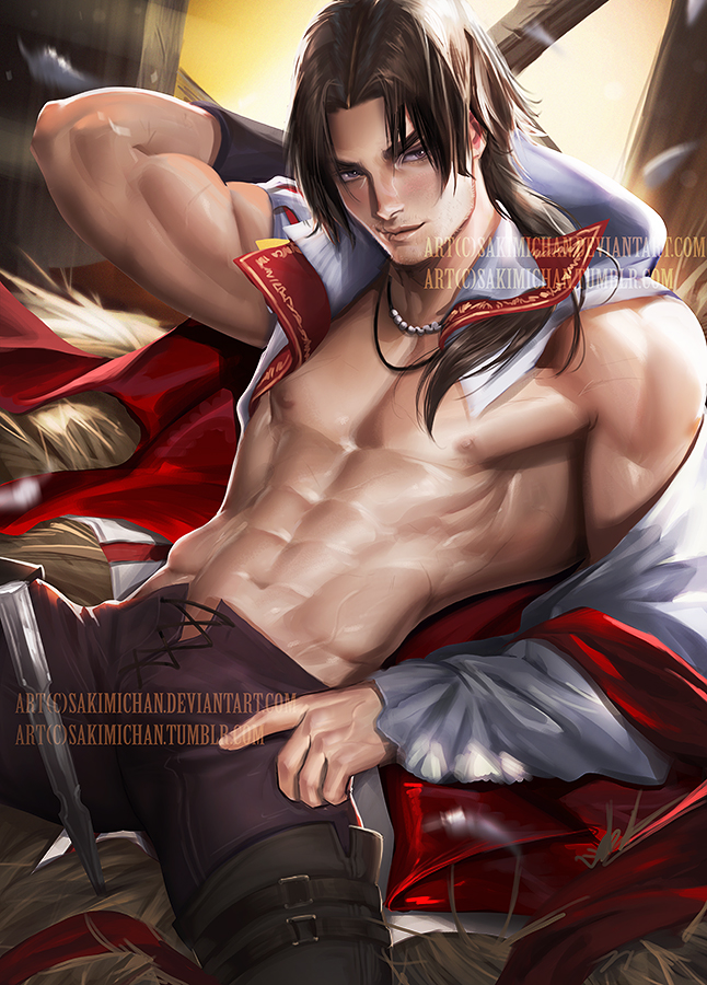abs assassin's_creed assassin's_creed_ii assassin's_creed assassin's_creed_(series) assassin's_creed_ii boots brown_eyes brown_hair ezio_auditore_da_firenze gradient gradient_background hay male_focus ponytail sakimichan scar shirtless sitting sky solo