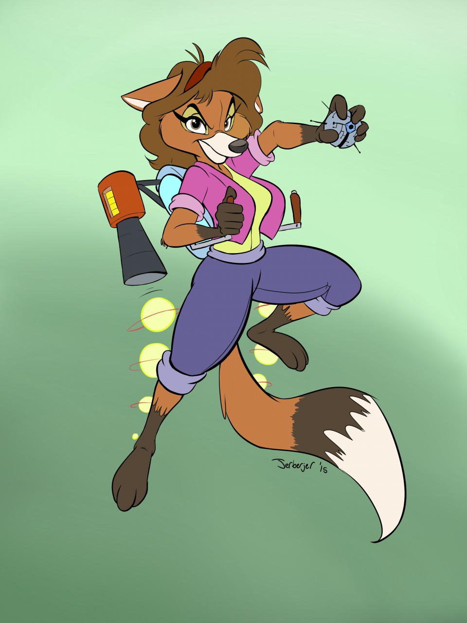 2015 3_toes barefoot breasts brown_hair canine diana_mastron female fox green_background hair jerberjer jet_pack mammal simple_background solo toes